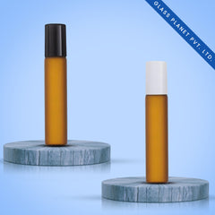 10ML Amber Frosted Roll On Glass Bottle with Black and White Cap