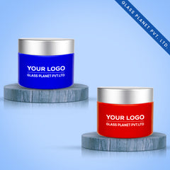 50g Custom Coated Glass Jars with Silver Matt Cap (Dark Blue & Red)