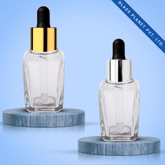 30ML Clear Square Glass Bottle with Golden and Silver Dropper 18mm