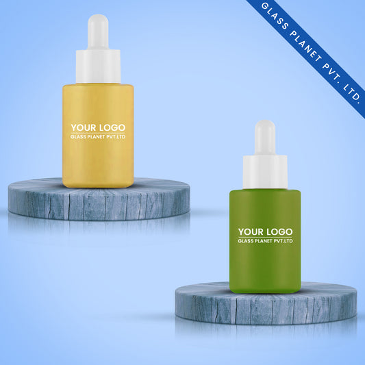 30 ML Coated Flat Shoulder Glass Bottle with White Dropper 20mm (Yellow & Dark Green)