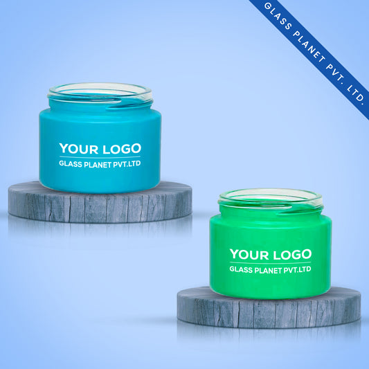 50g Customizable Coated Glass Jars for Premium Packaging with White Cap (Blue & Green)