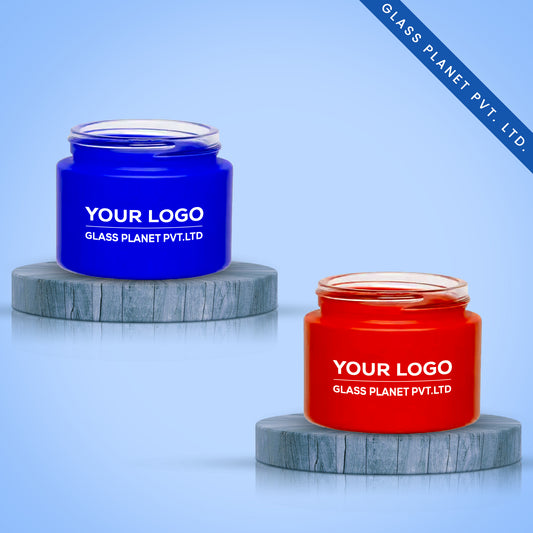 50g Customizable Coated Glass Jars for Premium Packaging with White Cap (Blue & Red)