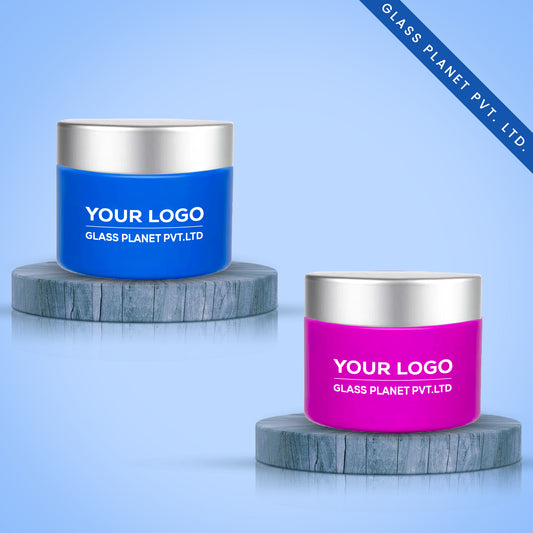 50g Custom Coated Glass Jars with Silver Matt Cap (Dark Blue & Pink)