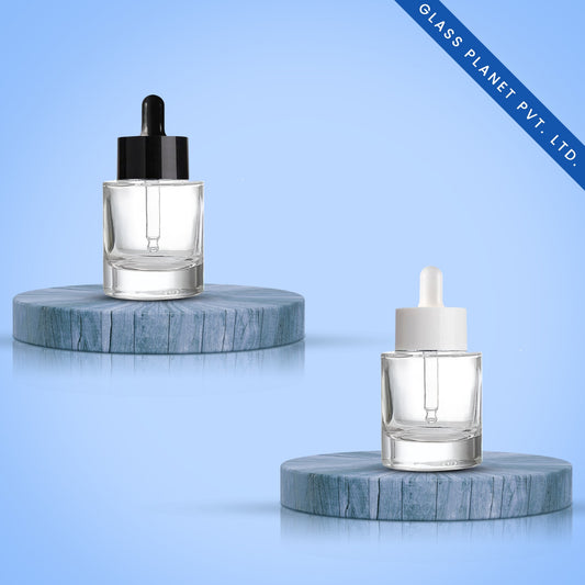 30ml Clear Flat Shoulder Heavy Glass Bottle with Black or White Broad Dropper 20mm
