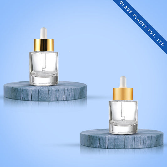 30ml Clear Flat Shoulder Heavy Glass Bottle with Golden or Golden Matt Broad Dropper 20mm