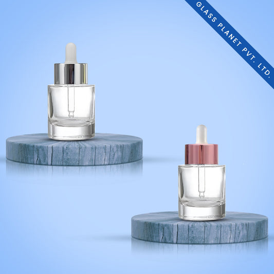 30ml Clear Flat Shoulder Heavy Glass Bottle with Silver or Rosegold Glossy Broad Dropper 20mm