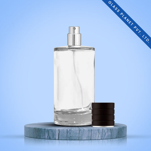 50 ml Liril Perfume Glass Bottle + Golden Pump + Black Plastic Cap with Silver Line + Crimping Tool