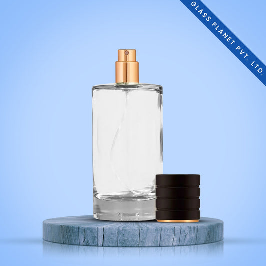 50 ml Liril Perfume Glass Bottle + Golden Pump + Black Plastic Cap with Golden Line + Crimping Tool